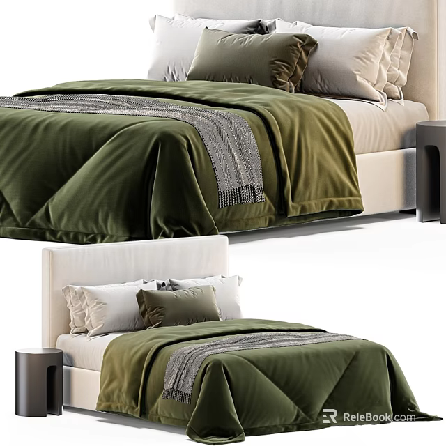 Modern Double Bed with Dark Green Quilt Gray Blanket Beige Headboard and Nightstand 3d model 