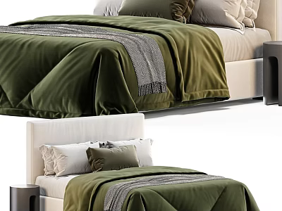 Modern Double Bed with Dark Green Quilt Gray Blanket Beige Headboard and Nightstand 3d model
