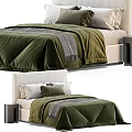 Modern Double Bed with Dark Green Quilt Gray Blanket Beige Headboard and Nightstand