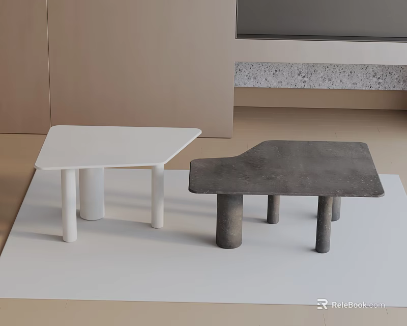 Modern Sofa Coffee Table Set Featuring White And Gray Irregular Coffee Tables With Cylindrical Legs 3d model