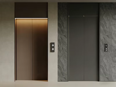 Modern Illuminated Elevator With Brown And Dark Gray Doors And Stone Walls 3d model