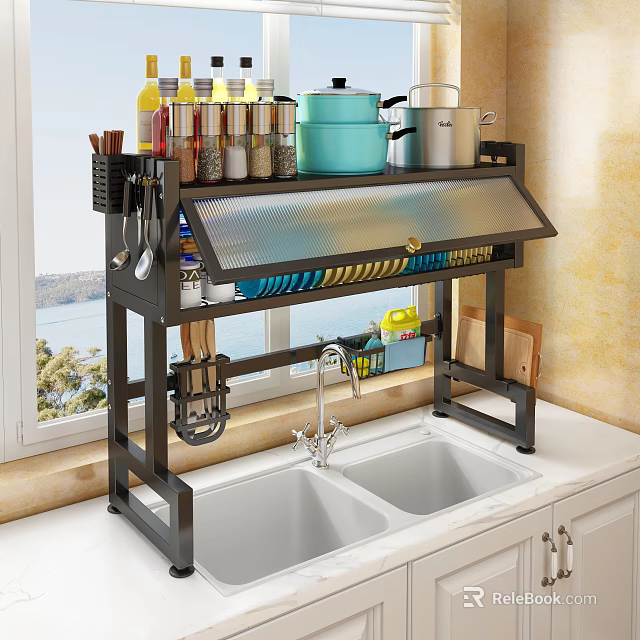 Kitchen Dish Drying Shelf Over Sink With Spices Pots And Utensils 3d model 