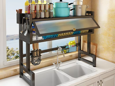 Kitchen Dish Drying Shelf Over Sink With Spices Pots And Utensils 3d model