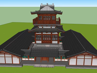Ancient Chinese Architecture With Multi Story Pavilion Red Structure And Black Roof Design 3d model