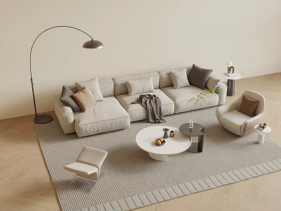 Minimalist Beige Sofa And Coffee Table Set With Throw Pillows Floor Lamp And Single Chair 3d model
