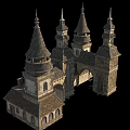 Ancient Historic Architecture Featuring Spired Towers Stone Arches And Tiled Roofs 3d model