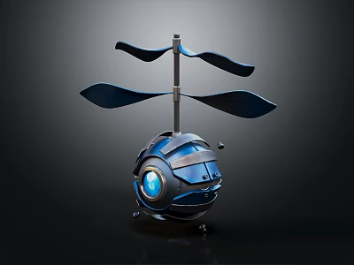 Mechanical Creature With Spherical Body Blue Glowing Eye And Top Blades 3d model