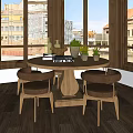 Round Wooden Dining Table Set with Chairs Plants Stained Glass Windows and City View
