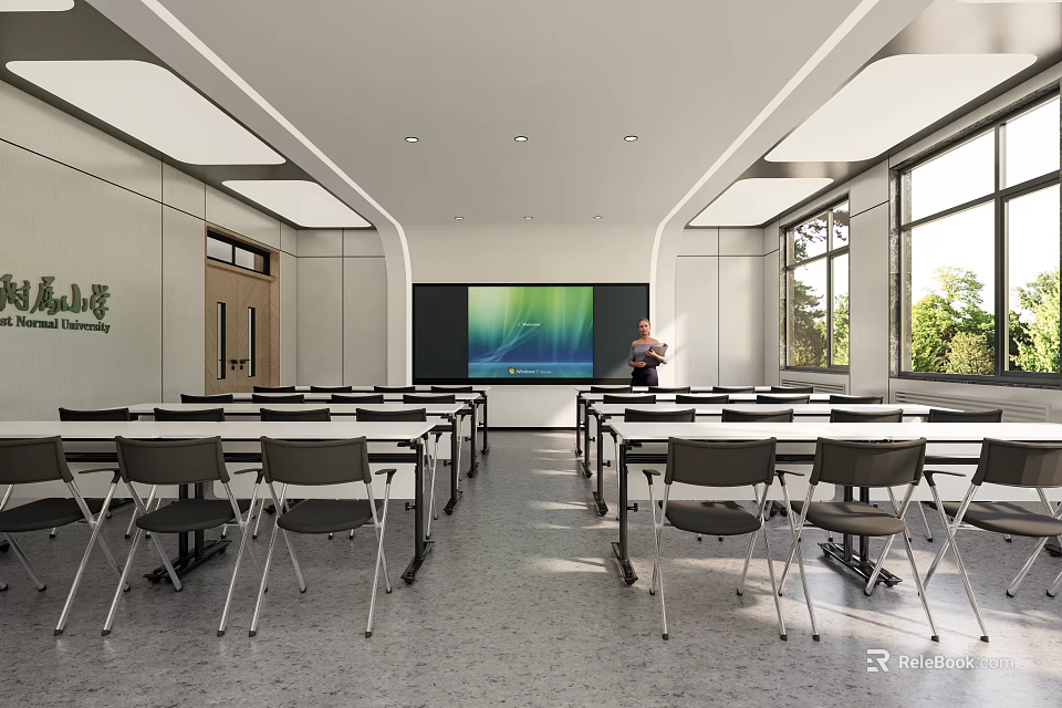 Modern School Classroom With Rows Of Desks Large Screen Teacher And Natural Light Through Windows 3d model 