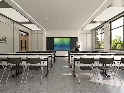 Modern School Classroom With Rows Of Desks Large Screen Teacher And Natural Light Through Windows 3d model