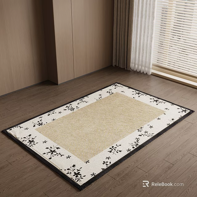 Square Carpet With Beige Main Body And Black Floral Border On Wooden Floor 3d model 