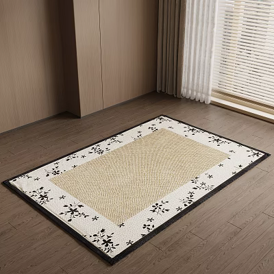 Square Carpet With Beige Main Body And Black Floral Border On Wooden Floor 3d model