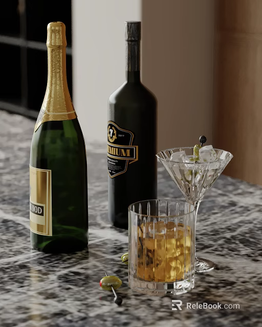 Wine Bottles Martini Whiskey Glasses With Ice And Olive On Marble Table 3d model 