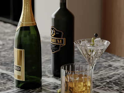 Wine Bottles Martini Whiskey Glasses With Ice And Olive On Marble Table 3d model