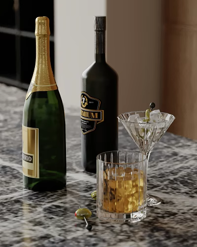 Wine Bottles Martini Whiskey Glasses With Ice And Olive On Marble Table 3d model