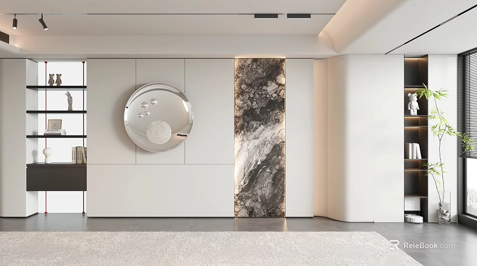 Modern Sofa Backdrop Wall With Circular Decor And Marble Panel 3d model 