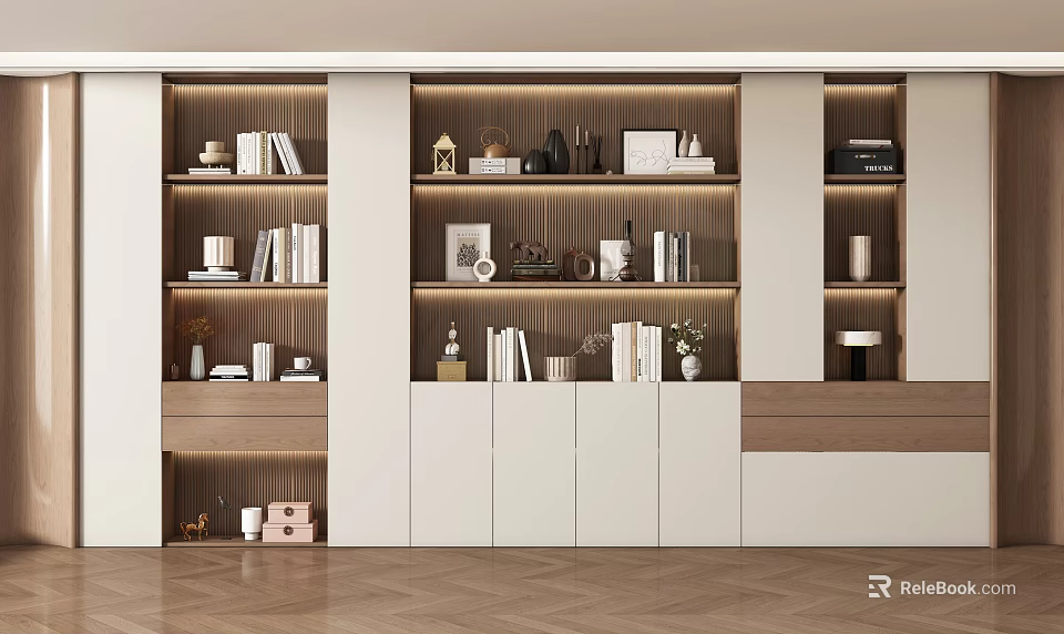 Modern Study Room Interior Design With Built-in Bookshelves Decorative Items And Warm Lighting 3d model 