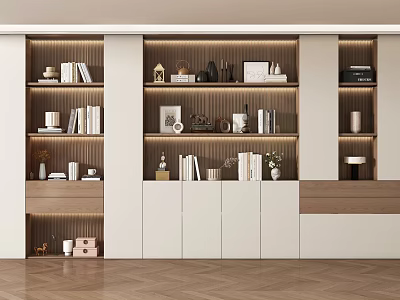 Modern Study Room Interior Design With Built-in Bookshelves Decorative Items And Warm Lighting 3d model