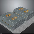 Two Modern Industrial Buildings With Arch Roofs Orange Skylights And Metal Glass Structure