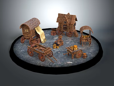 Ancient Wooden Transportation And Building Models With Carts Cabins And Barrels 3d model