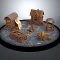 Ancient Wooden Transportation And Building Models With Carts Cabins And Barrels