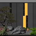 Courtyard Garden Featuring Bonsai Pine Tree Gray Walls Rocks Green Moss and Small Lantern