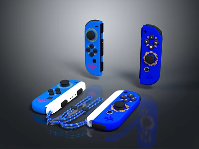 Blue And White Electronic Game Controllers With Wrist Straps Displayed In Multiple Angles 3d model