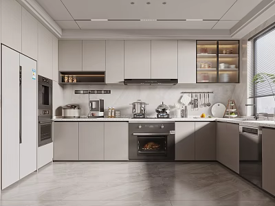 Modern Kitchen Interior Design With Grey Cabinets Countertop And Appliances Natural Light 3d model
