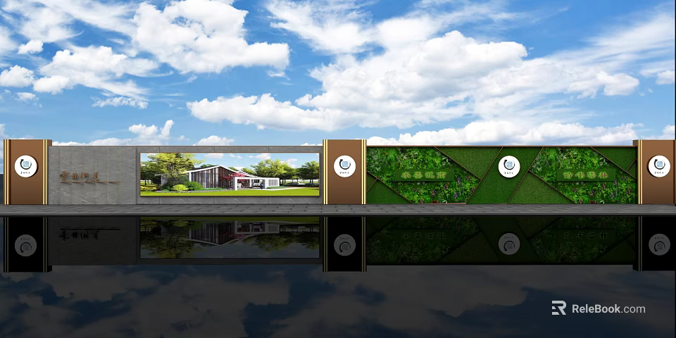 Green Living Wall with Blue Sky White Clouds and Building Reflection 3d model