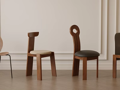 Set of Modern Wooden Dining Chairs with Unique Backrest Designs and Beige Gray Seat Cushions 3d model
