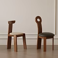 Set of Modern Wooden Dining Chairs with Unique Backrest Designs and Beige Gray Seat Cushions