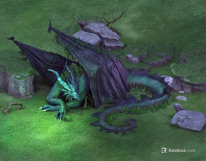 Mythical Green Dragon Resting Under Dark Branches With Rocks In Grassy Area 3d model 
