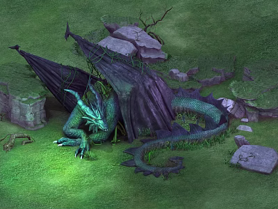 Mythical Green Dragon Resting Under Dark Branches With Rocks In Grassy Area 3d model