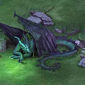 Mythical Green Dragon Resting Under Dark Branches With Rocks In Grassy Area