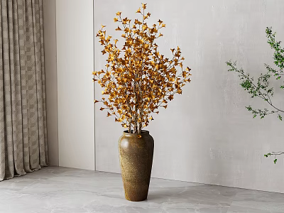 Golden Flowers in Brown Vase with Golden Petals on Gray Floor and Gray Wall Curtain 3d model