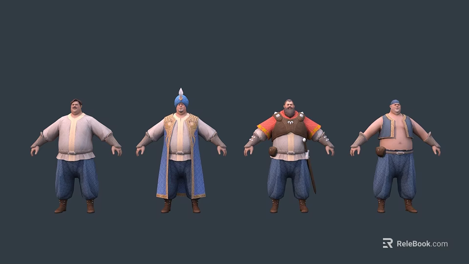 Four Male Game Movie Characters With Different Traditional Costumes And Outfits 3d model 