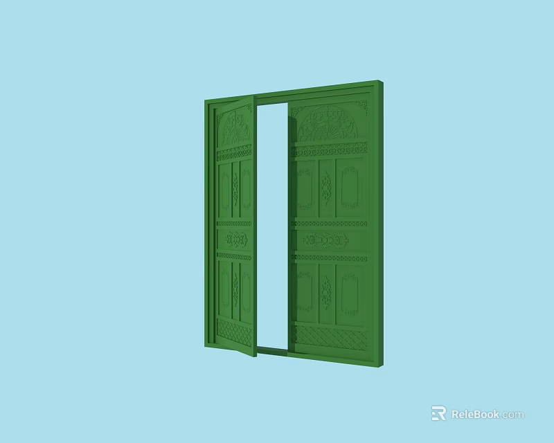 Green Swing Door with Open Design and Intricate Carved Patterns 3d model