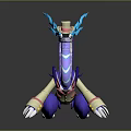Game Movie Character With Purple Body Blue Horns Yellow Stripes Wearing Hat And Long Tail