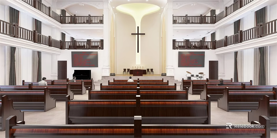 Religious Worship Church Interior With Central Cross Wooden Pews And Two-Level Seating 3d model 