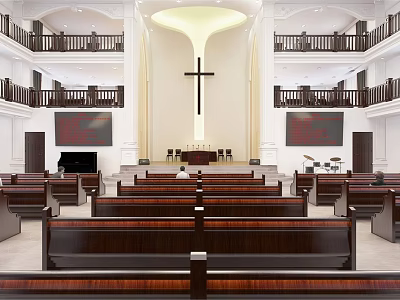 Religious Worship Church Interior With Central Cross Wooden Pews And Two-Level Seating 3d model