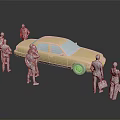Yellow Sedan Car Surrounded by Standing People Figures in Model 3d model