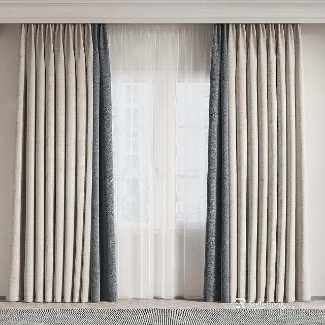 Modern Double Layer Curtains With Beige Gray Vertical Stripes And White Sheer Inner For Window 3d model 