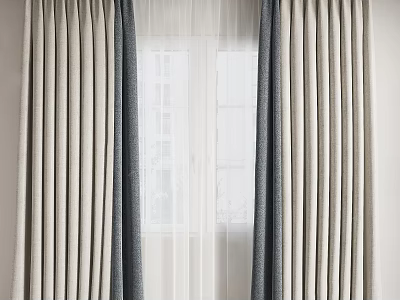 Modern Double Layer Curtains With Beige Gray Vertical Stripes And White Sheer Inner For Window 3d model