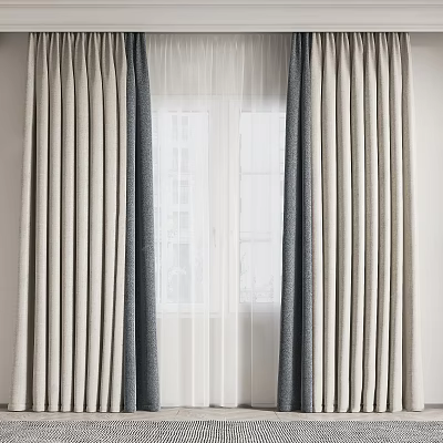 Modern Double Layer Curtains With Beige Gray Vertical Stripes And White Sheer Inner For Window 3d model