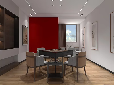 Hotel Mahjong Room Interior Design With Red Wall Wooden Floor Decorative Paintings And Mahjong Table 3d model