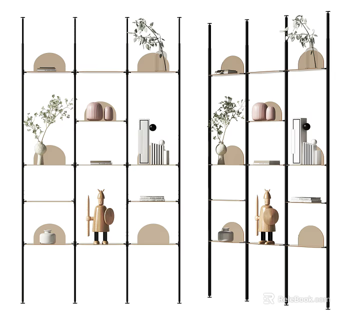 Modern Open Shelving Unit With Decorative Plants Sculptures Books And Circular Accents 3d model 