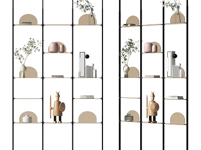 Modern Open Shelving Unit With Decorative Plants Sculptures Books And Circular Accents 3d model