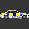White Police Car With Blue And Yellow Stripes And Roof Lights Design