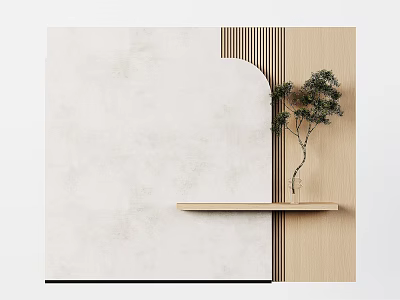 Minimalist Wall Design With Curved Texture Wooden Shelf Plant And Vertical Slats 3d model