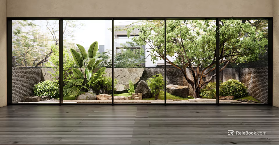 Courtyard Garden with Green Plants Trees Stones and Glass Windows on Wooden Floor 3d model 